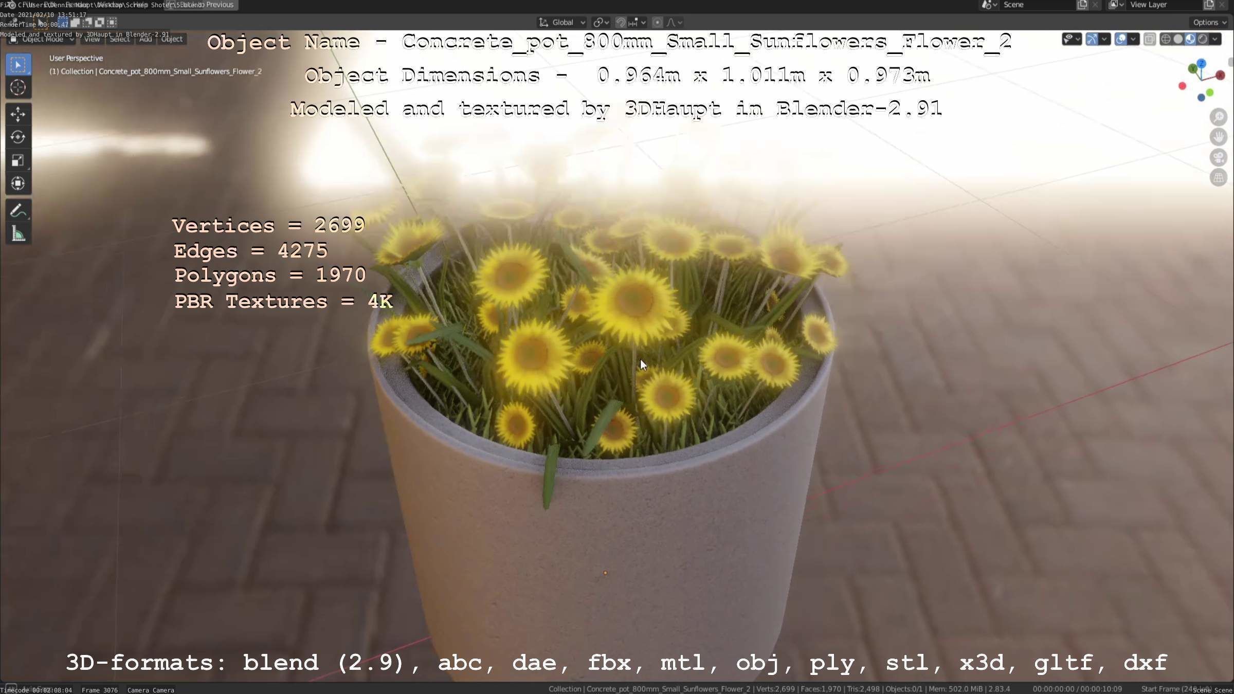 Concrete Pipe Pot 800mm with Small Sunflowers Version 2 Low-poly 3D model_84