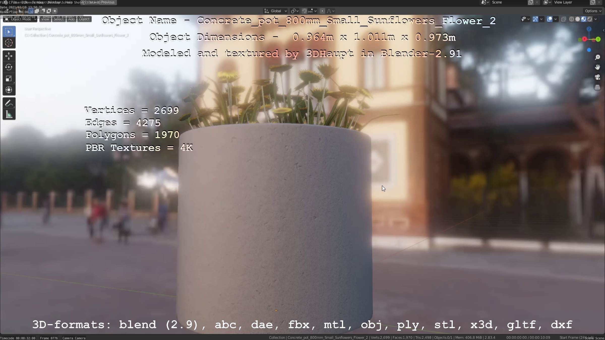 Concrete Pipe Pot 800mm with Small Sunflowers Version 2 Low-poly 3D model_99