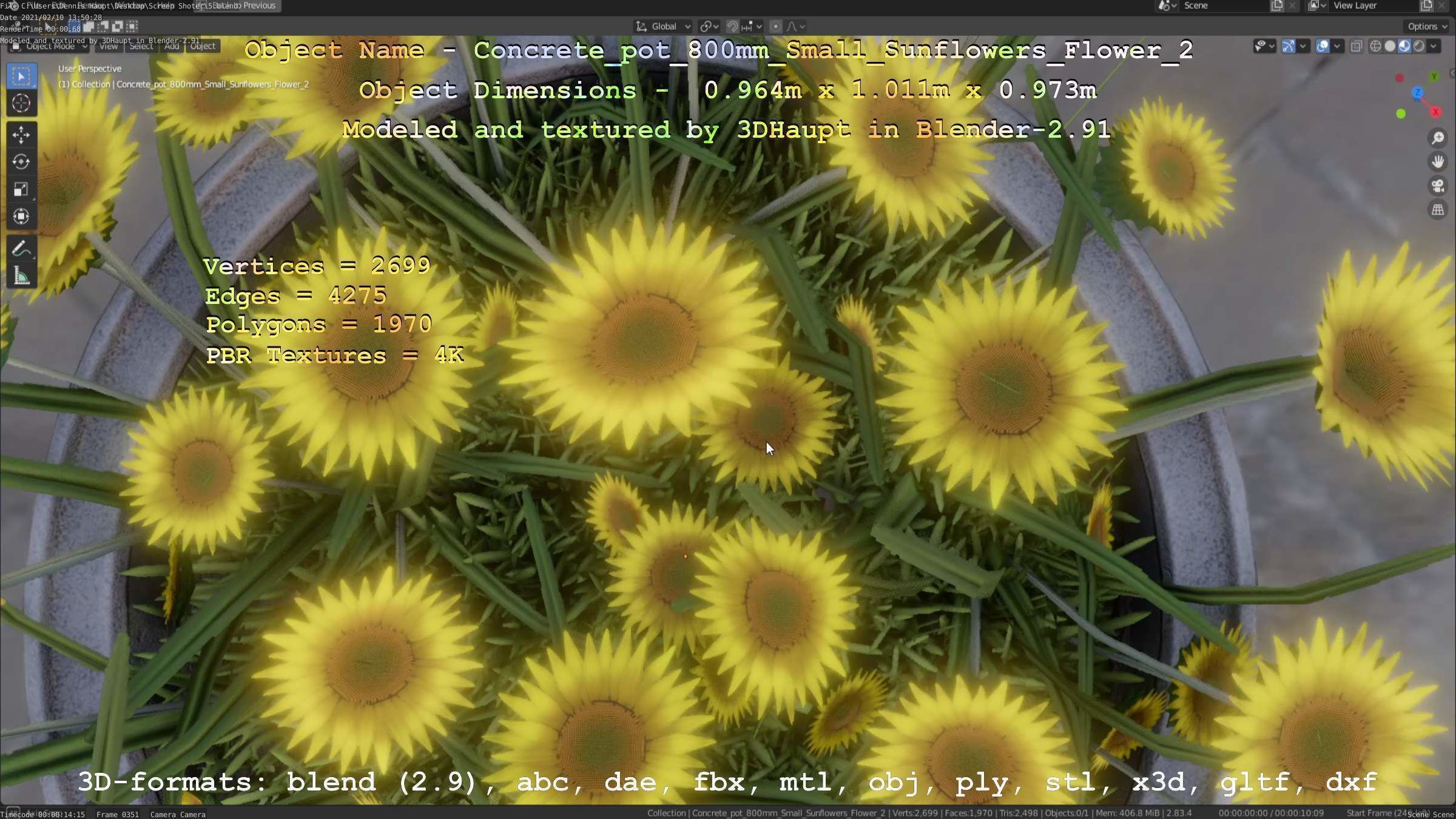 Concrete Pipe Pot 800mm with Small Sunflowers Version 2 Low-poly 3D model_17