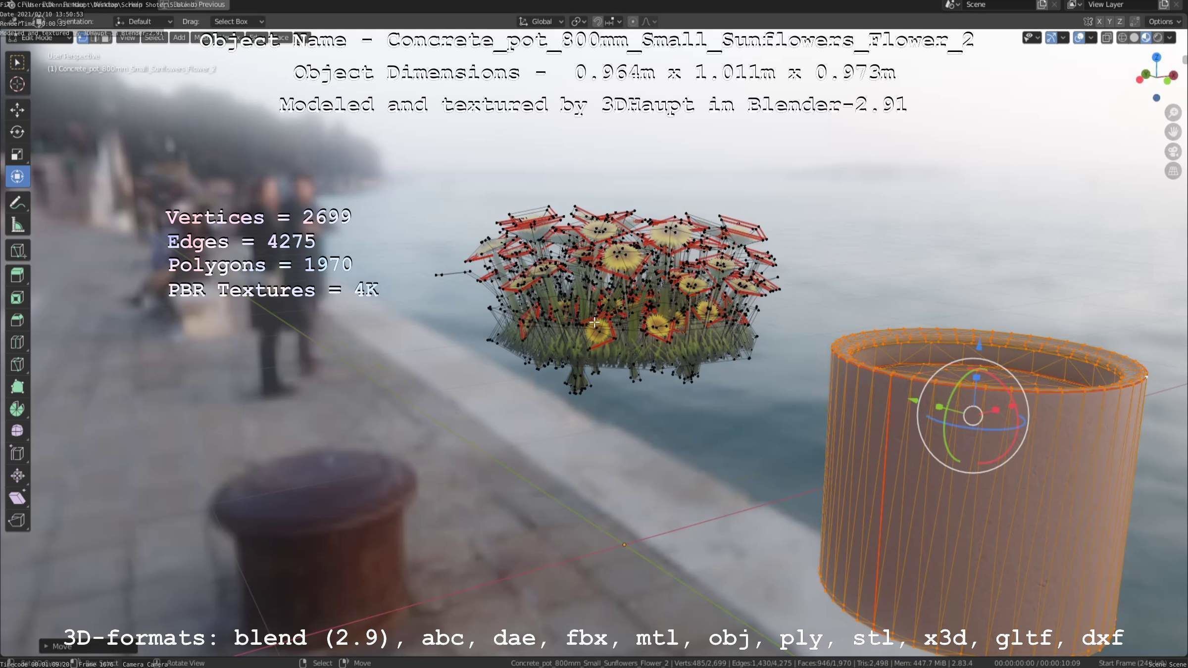 Concrete Pipe Pot 800mm with Small Sunflowers Version 2 Low-poly 3D model_27