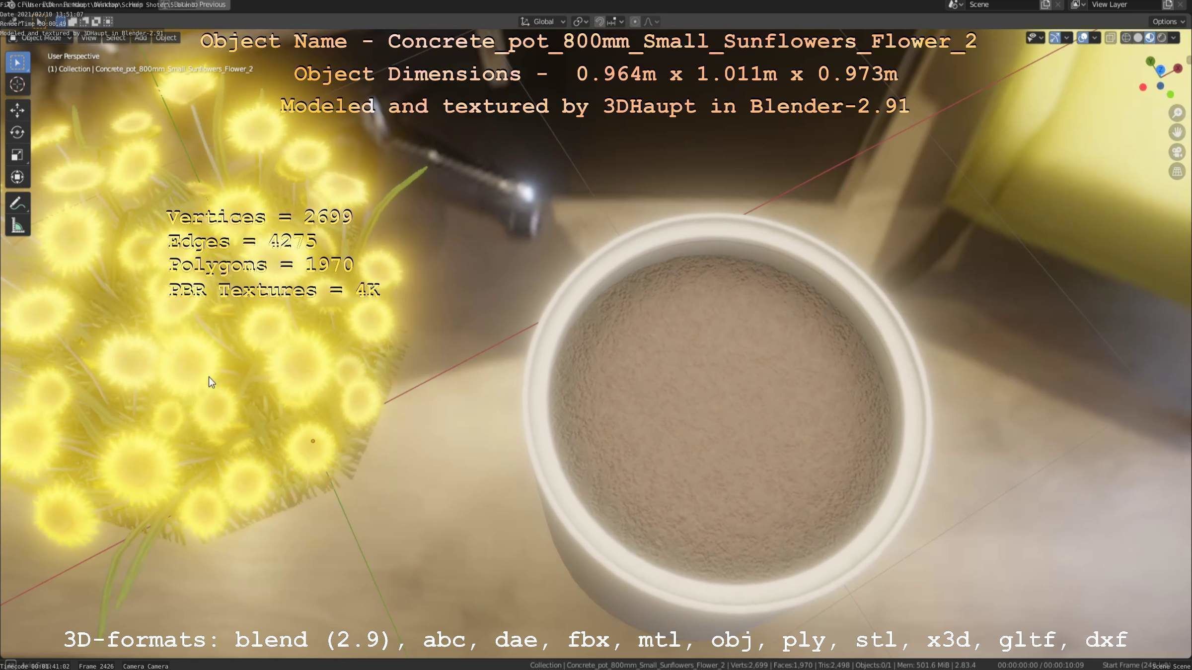 Concrete Pipe Pot 800mm with Small Sunflowers Version 2 Low-poly 3D model_64