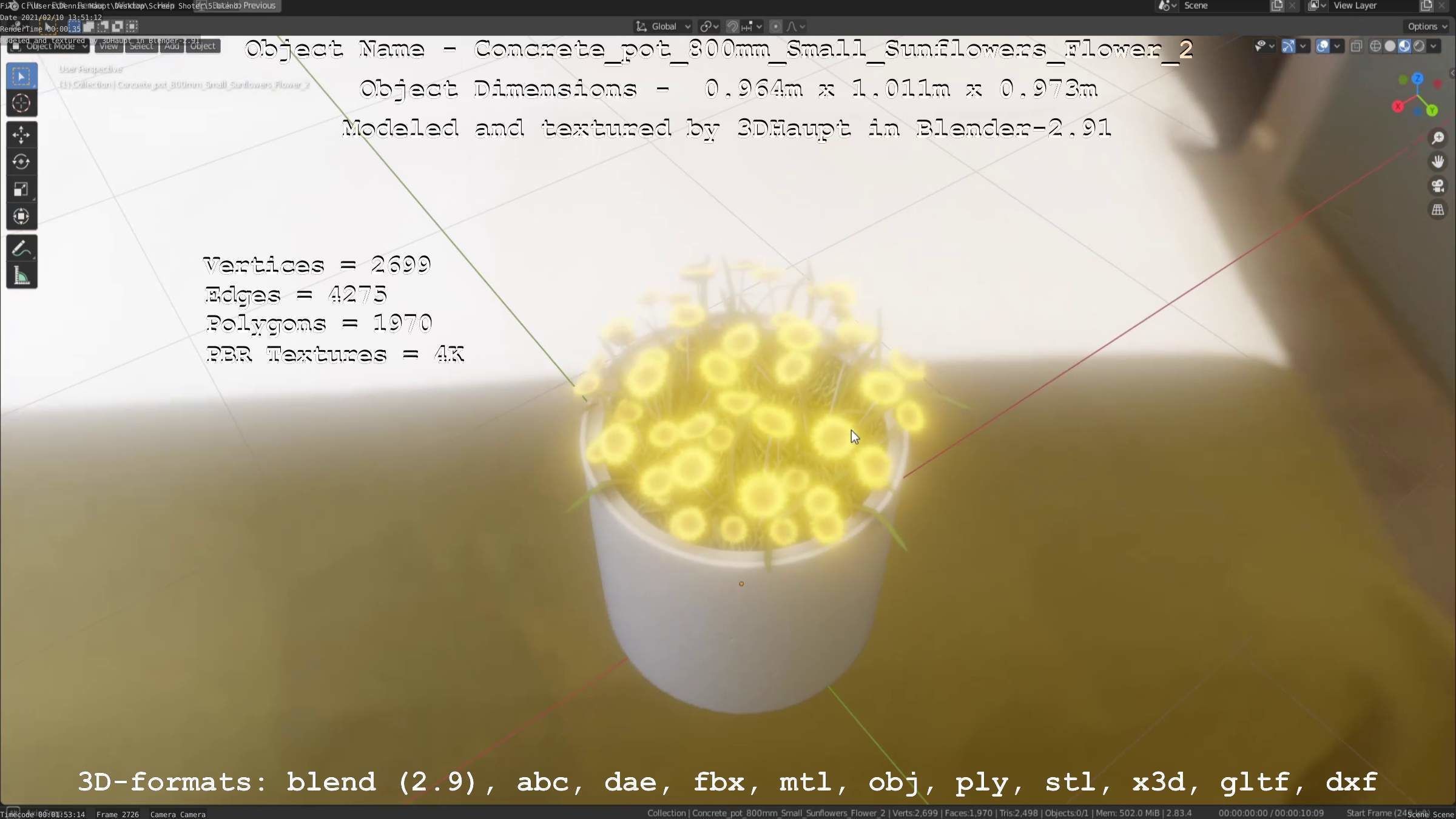 Concrete Pipe Pot 800mm with Small Sunflowers Version 2 Low-poly 3D model_65
