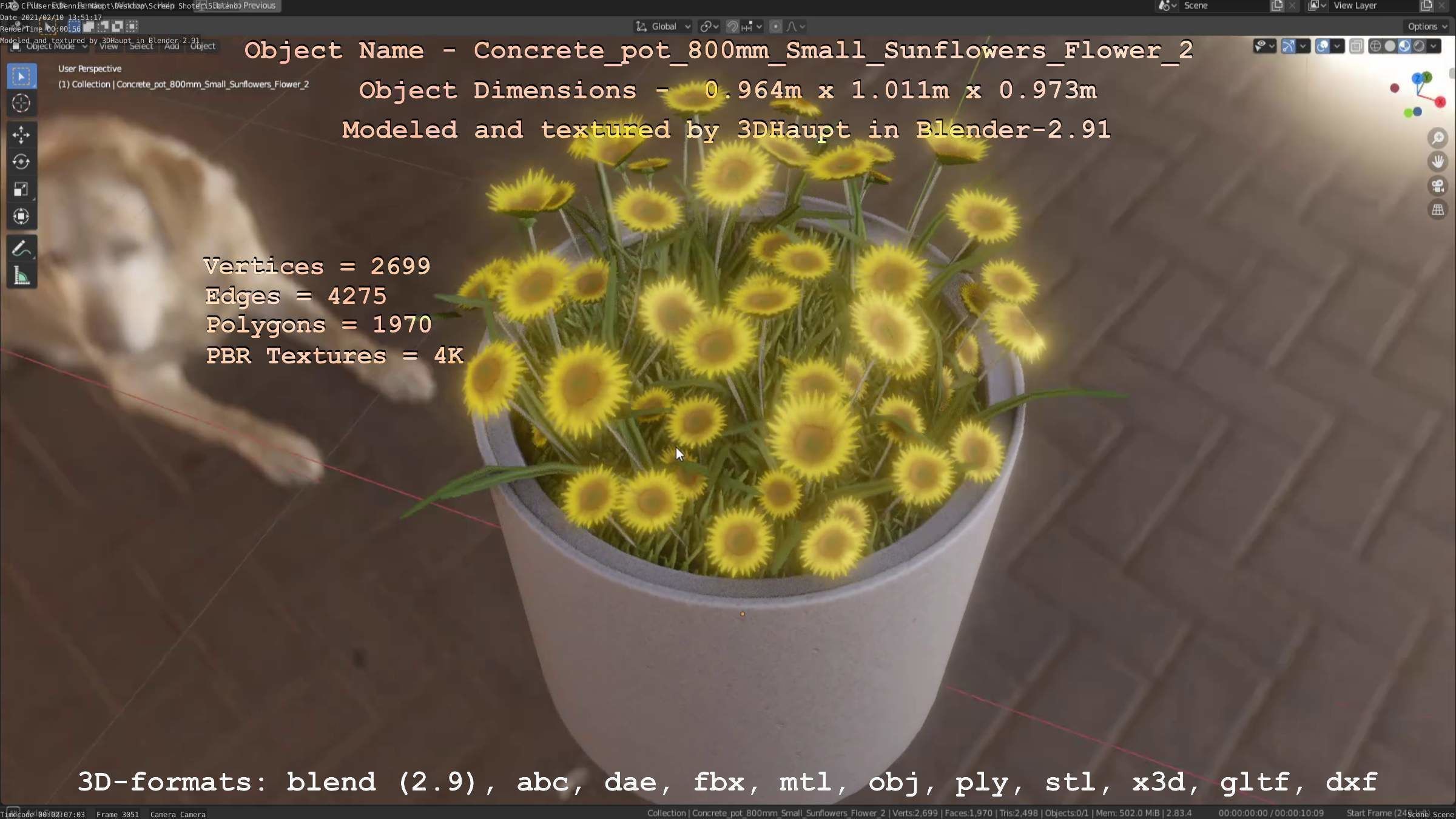 Concrete Pipe Pot 800mm with Small Sunflowers Version 2 Low-poly 3D model_3