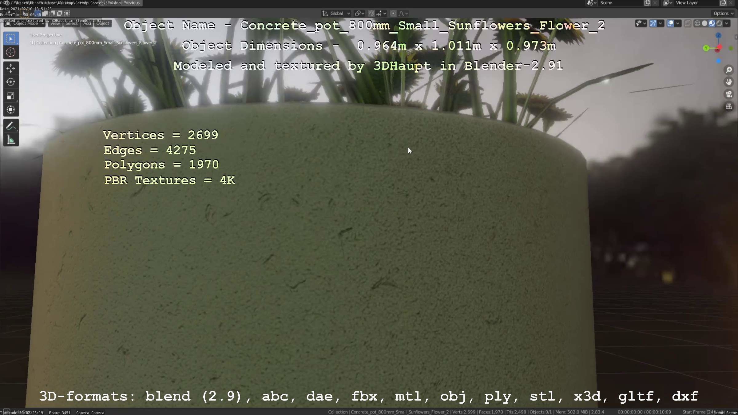 Concrete Pipe Pot 800mm with Small Sunflowers Version 2 Low-poly 3D model_108