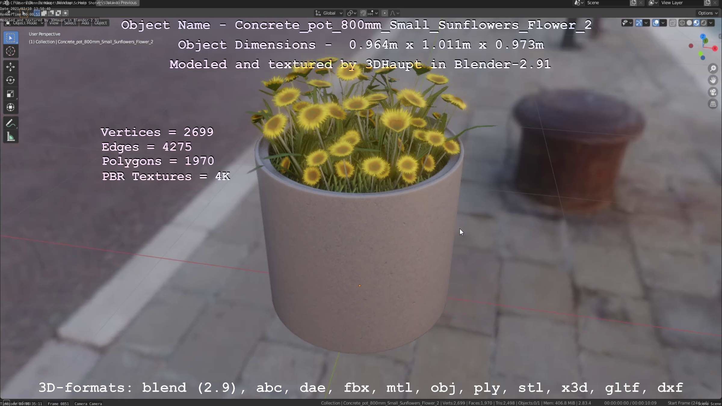 Concrete Pipe Pot 800mm with Small Sunflowers Version 2 Low-poly 3D model_114