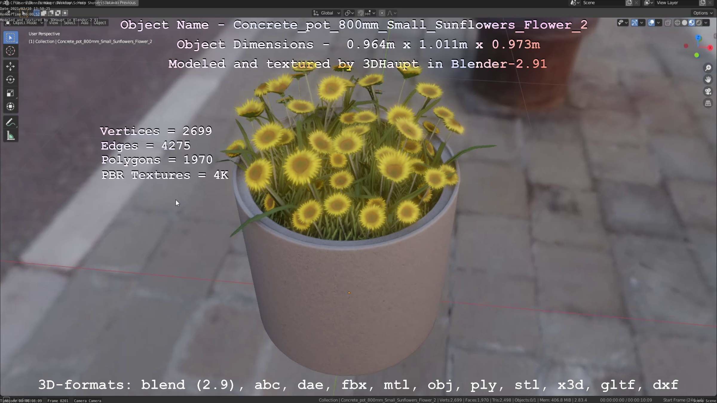 Concrete Pipe Pot 800mm with Small Sunflowers Version 2 Low-poly 3D model_33