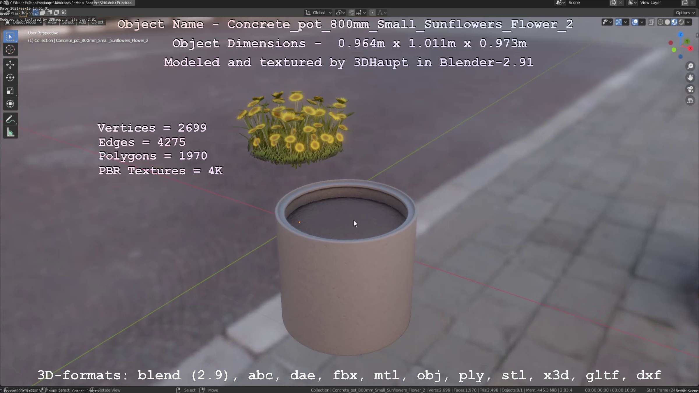 Concrete Pipe Pot 800mm with Small Sunflowers Version 2 Low-poly 3D model_54