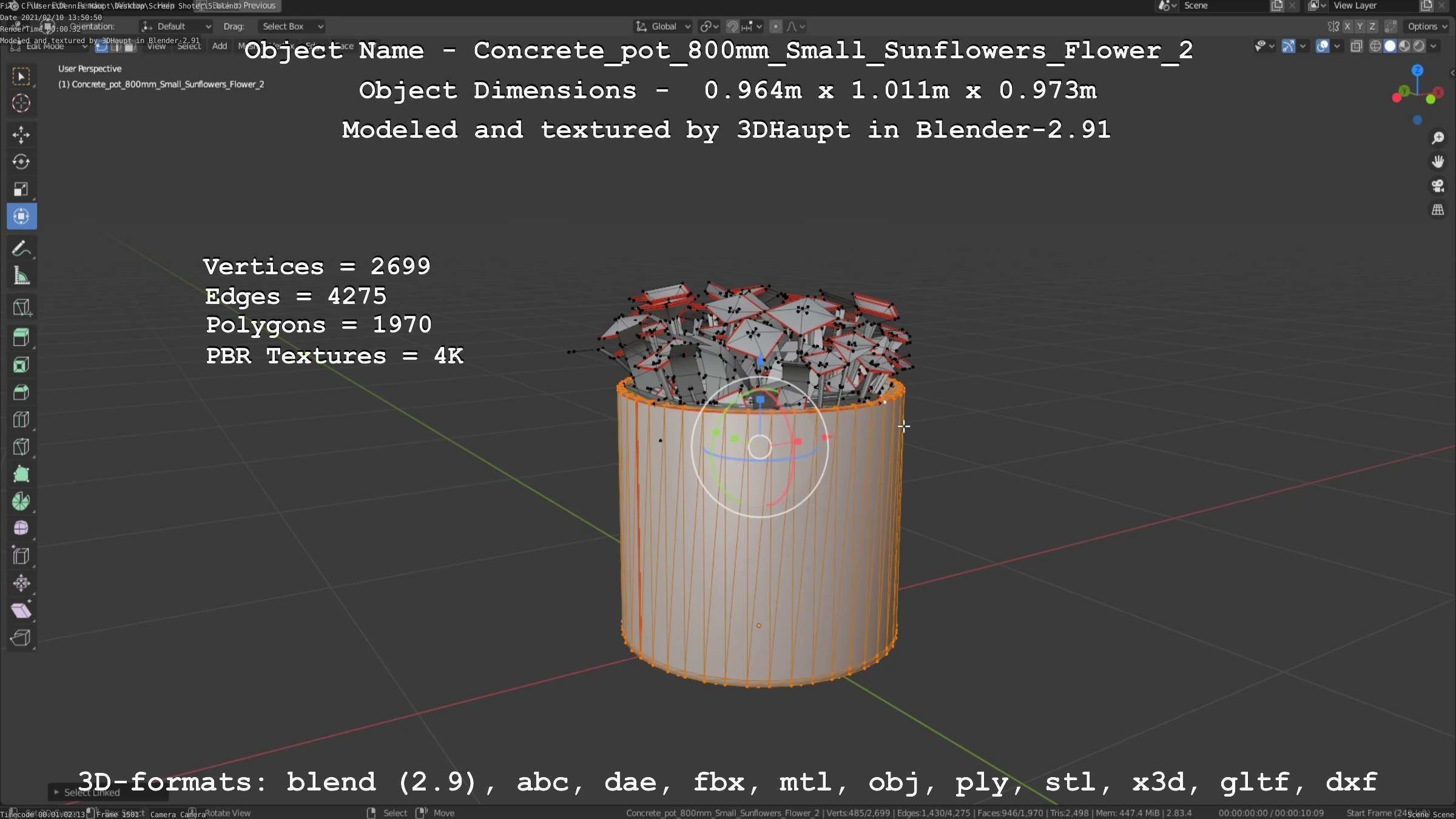 Concrete Pipe Pot 800mm with Small Sunflowers Version 2 Low-poly 3D model_49