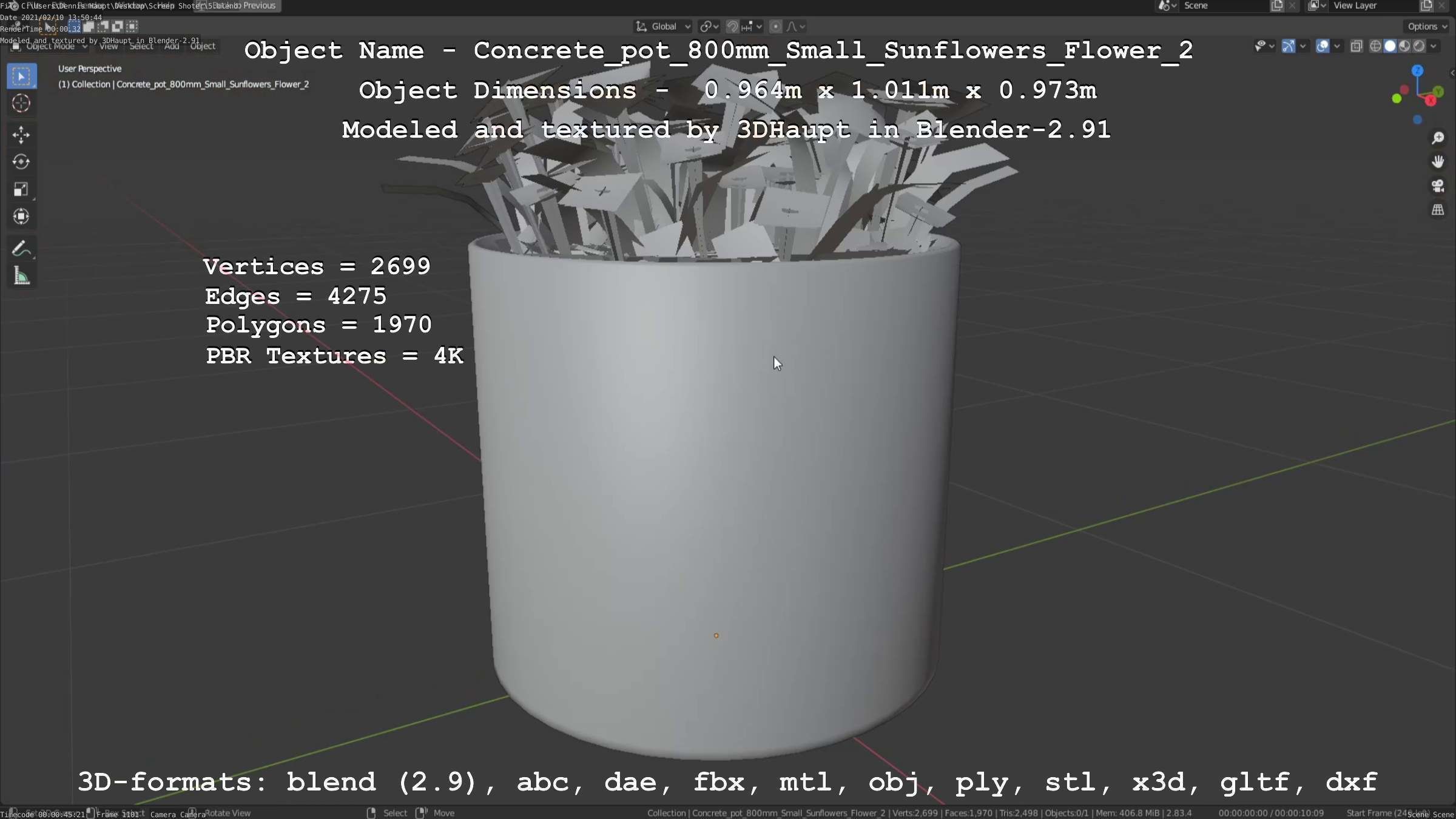 Concrete Pipe Pot 800mm with Small Sunflowers Version 2 Low-poly 3D model_4