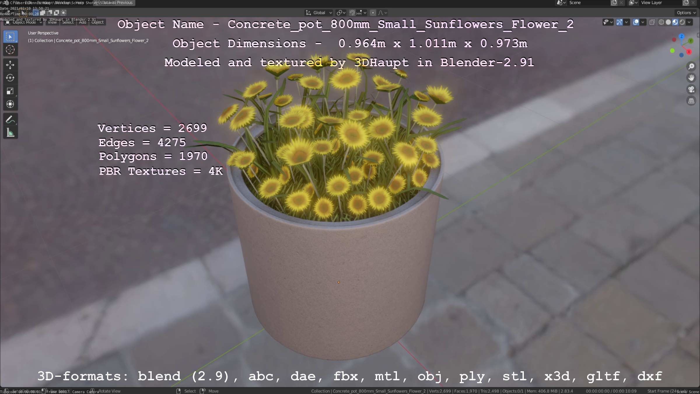 Concrete Pipe Pot 800mm with Small Sunflowers Version 2 Low-poly 3D model_113