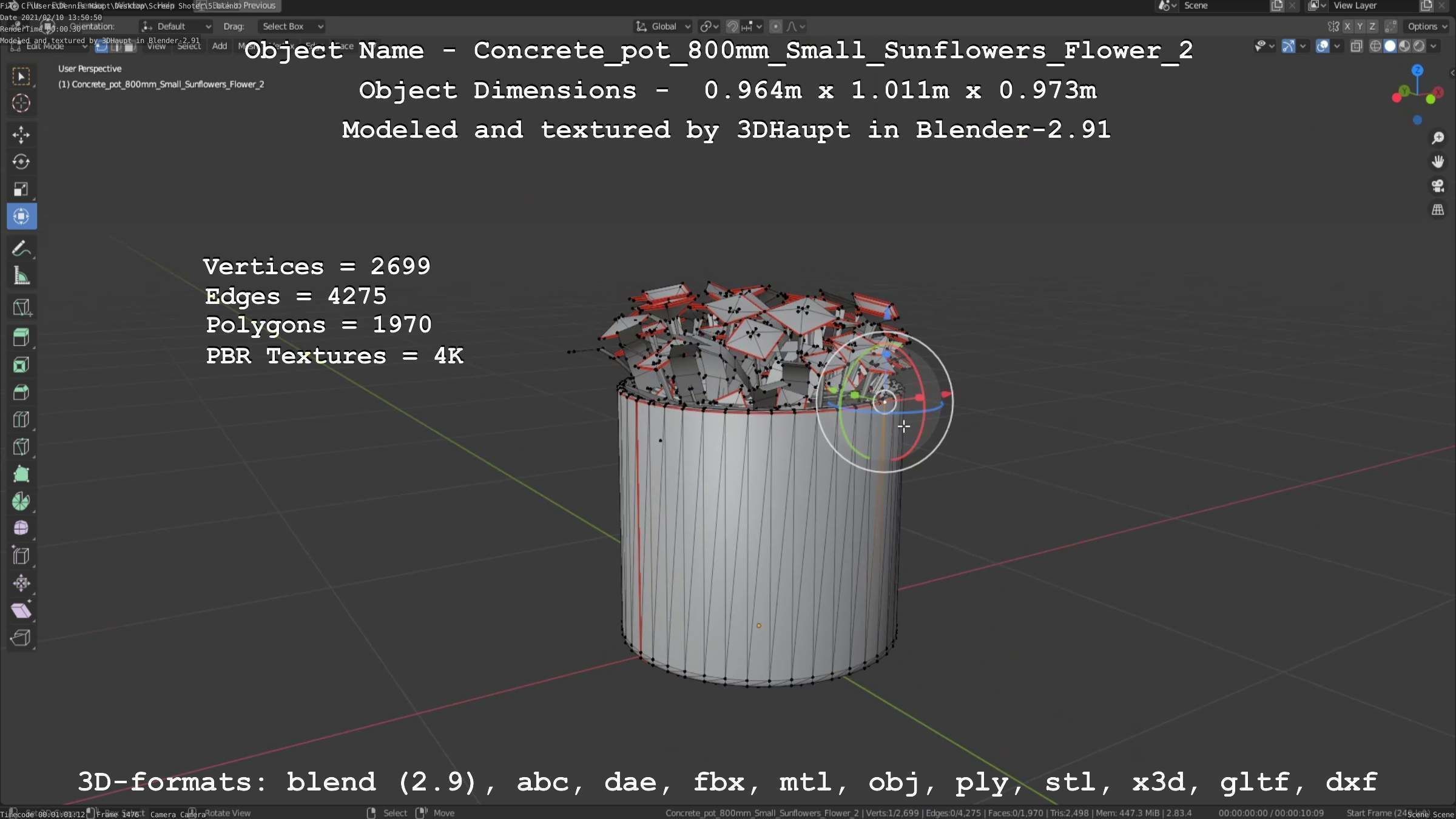 Concrete Pipe Pot 800mm with Small Sunflowers Version 2 Low-poly 3D model_36