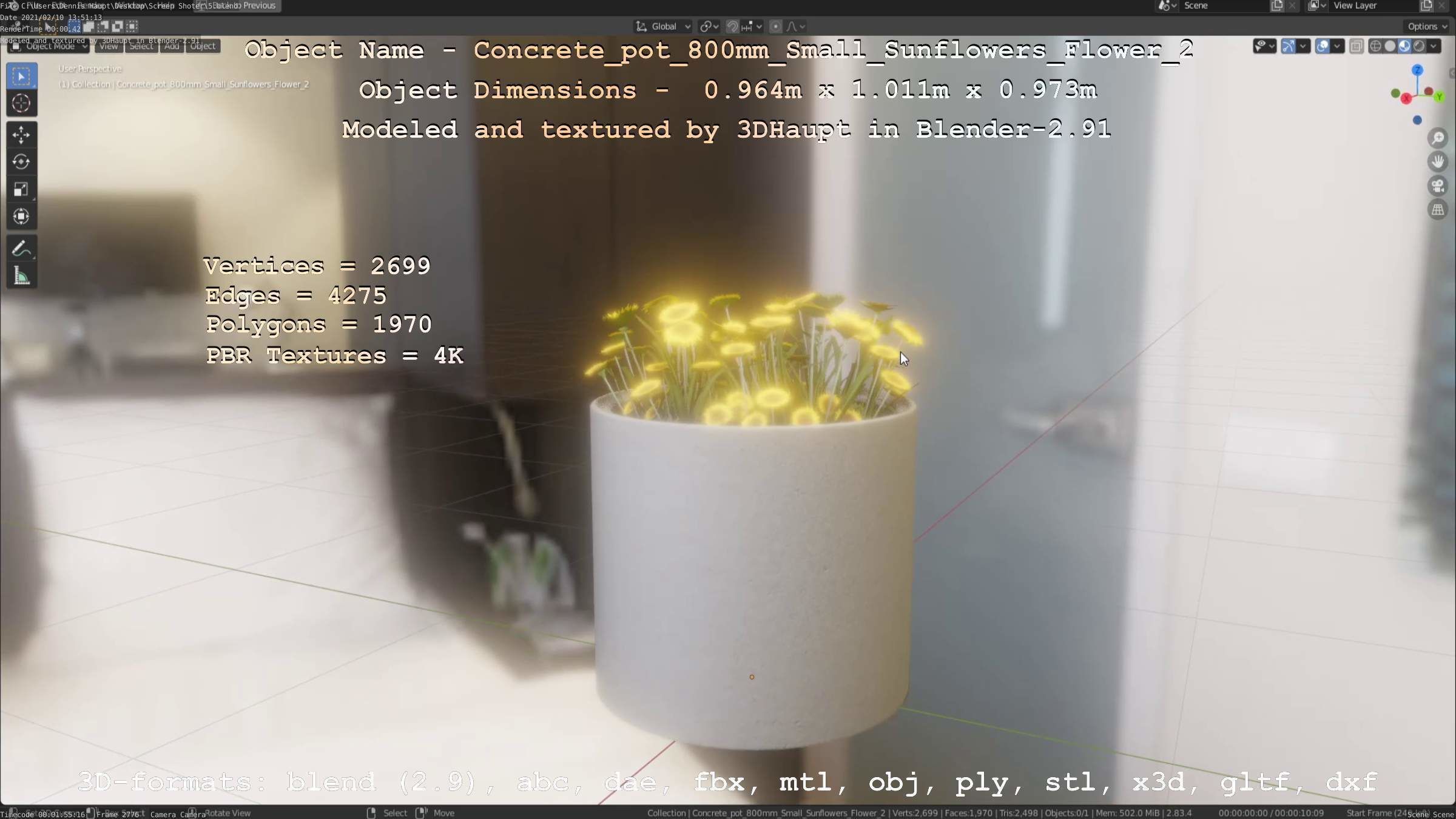 Concrete Pipe Pot 800mm with Small Sunflowers Version 2 Low-poly 3D model_72