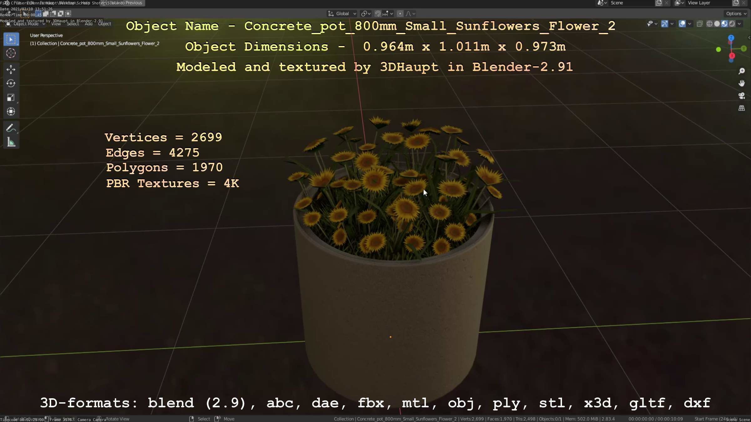 Concrete Pipe Pot 800mm with Small Sunflowers Version 2 Low-poly 3D model_85