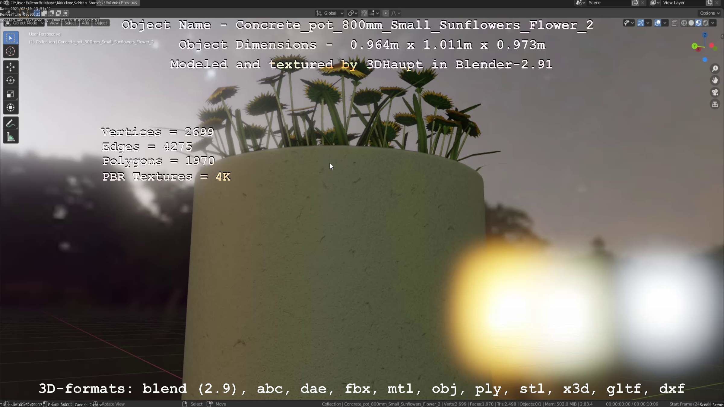 Concrete Pipe Pot 800mm with Small Sunflowers Version 2 Low-poly 3D model_80