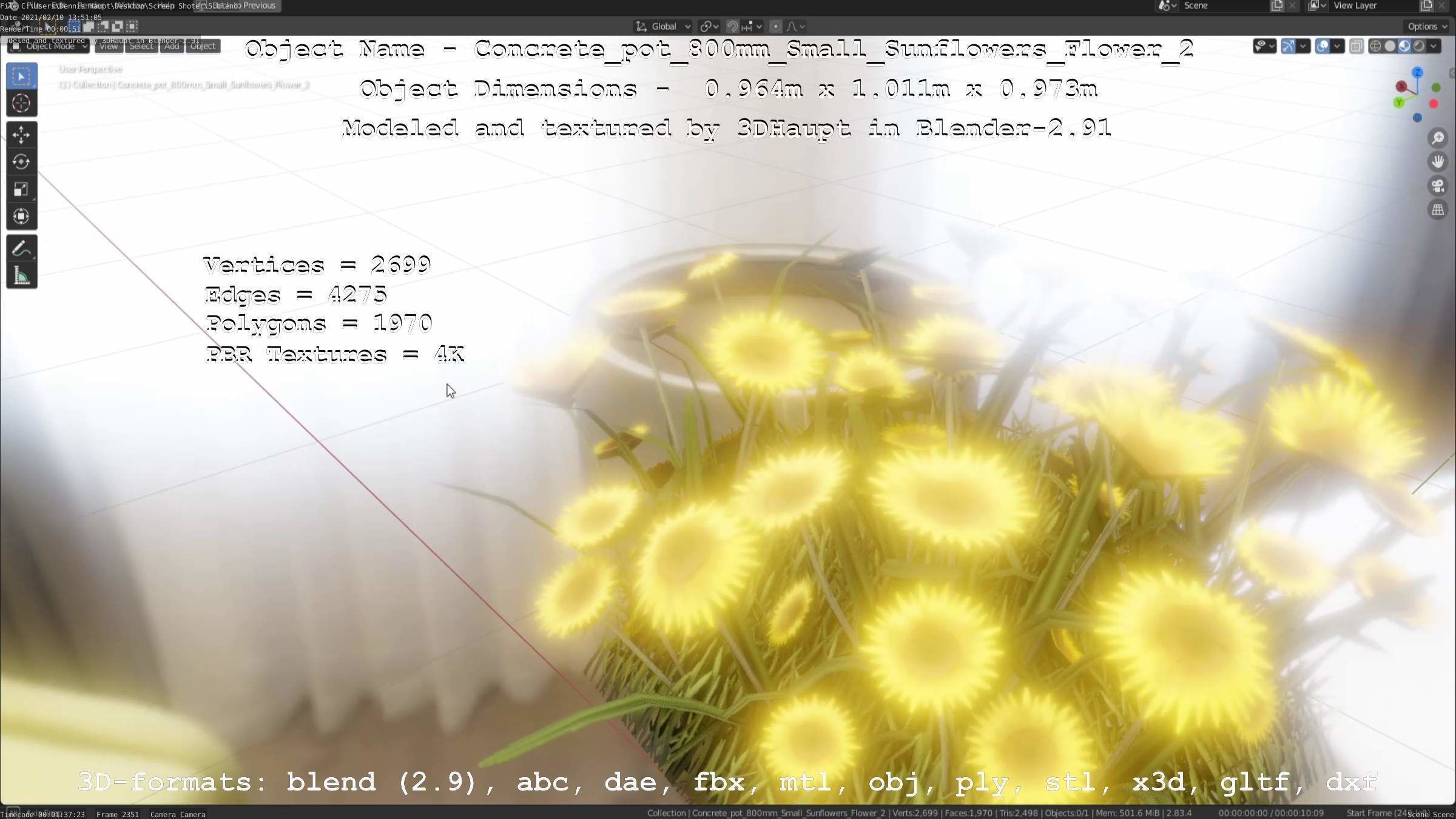 Concrete Pipe Pot 800mm with Small Sunflowers Version 2 Low-poly 3D model_52