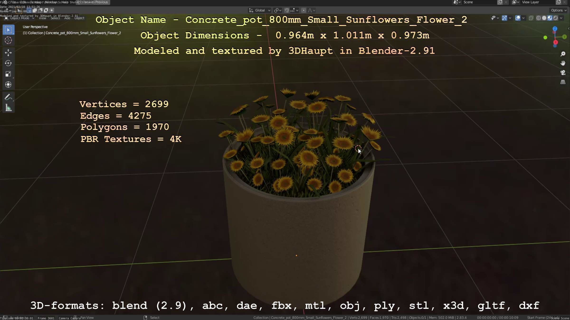 Concrete Pipe Pot 800mm with Small Sunflowers Version 2 Low-poly 3D model_93