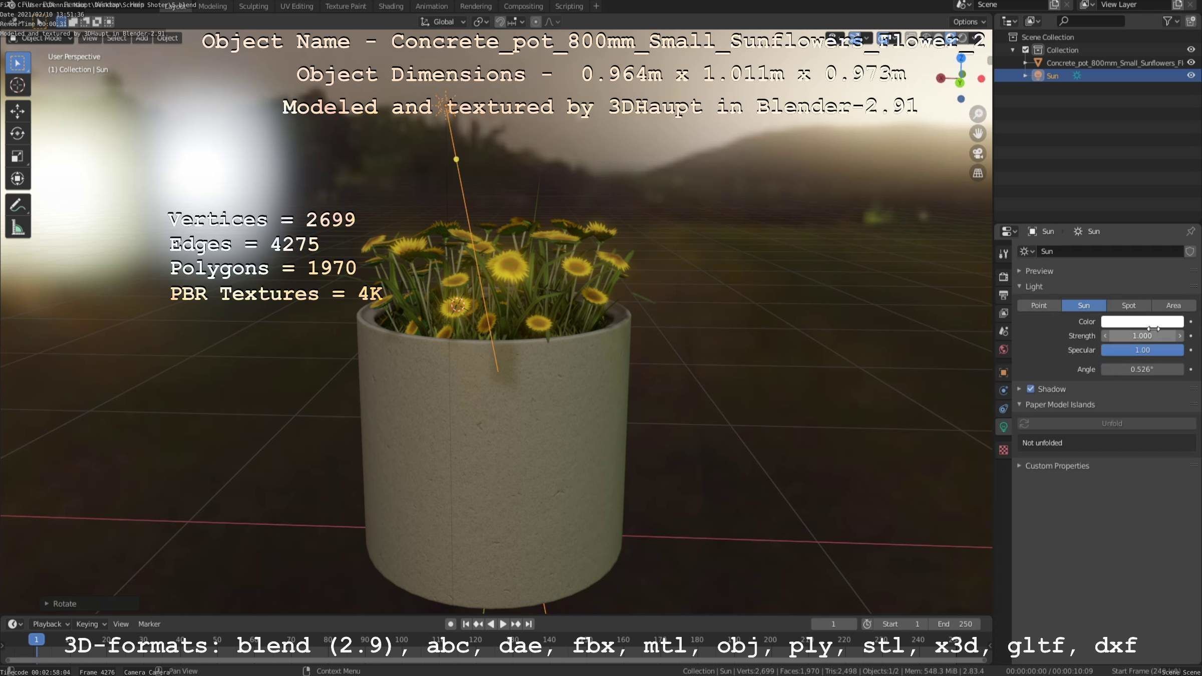 Concrete Pipe Pot 800mm with Small Sunflowers Version 2 Low-poly 3D model_81