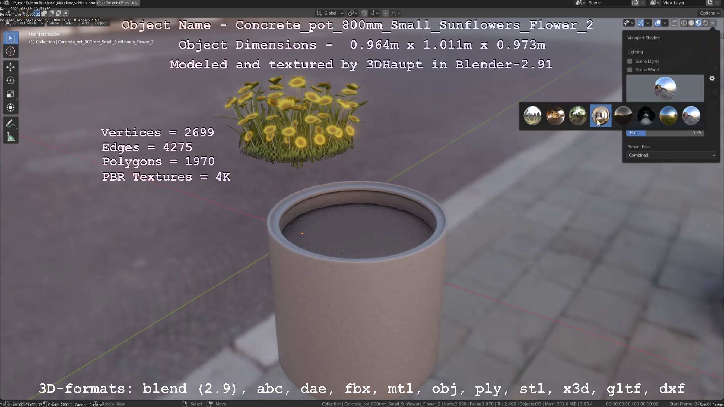 Concrete Pipe Pot 800mm with Small Sunflowers Version 2 Low-poly 3D model_101