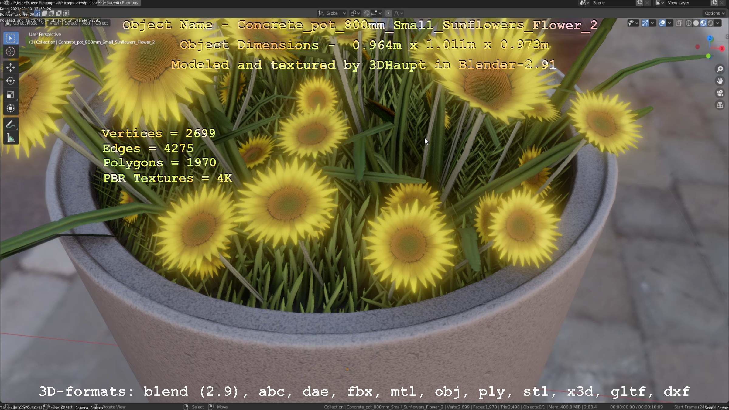 Concrete Pipe Pot 800mm with Small Sunflowers Version 2 Low-poly 3D model_109