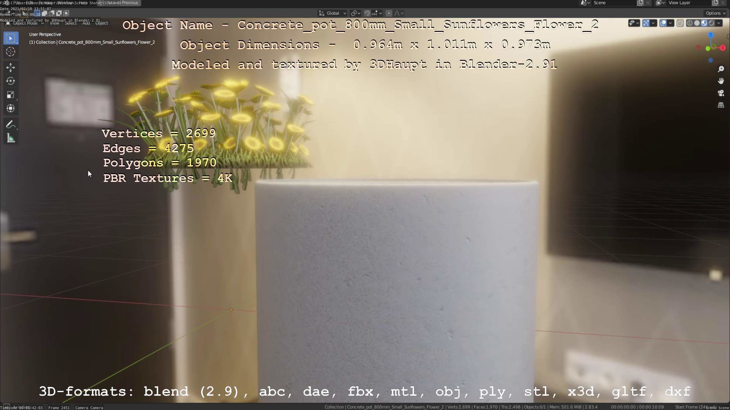 Concrete Pipe Pot 800mm with Small Sunflowers Version 2 Low-poly 3D model_59