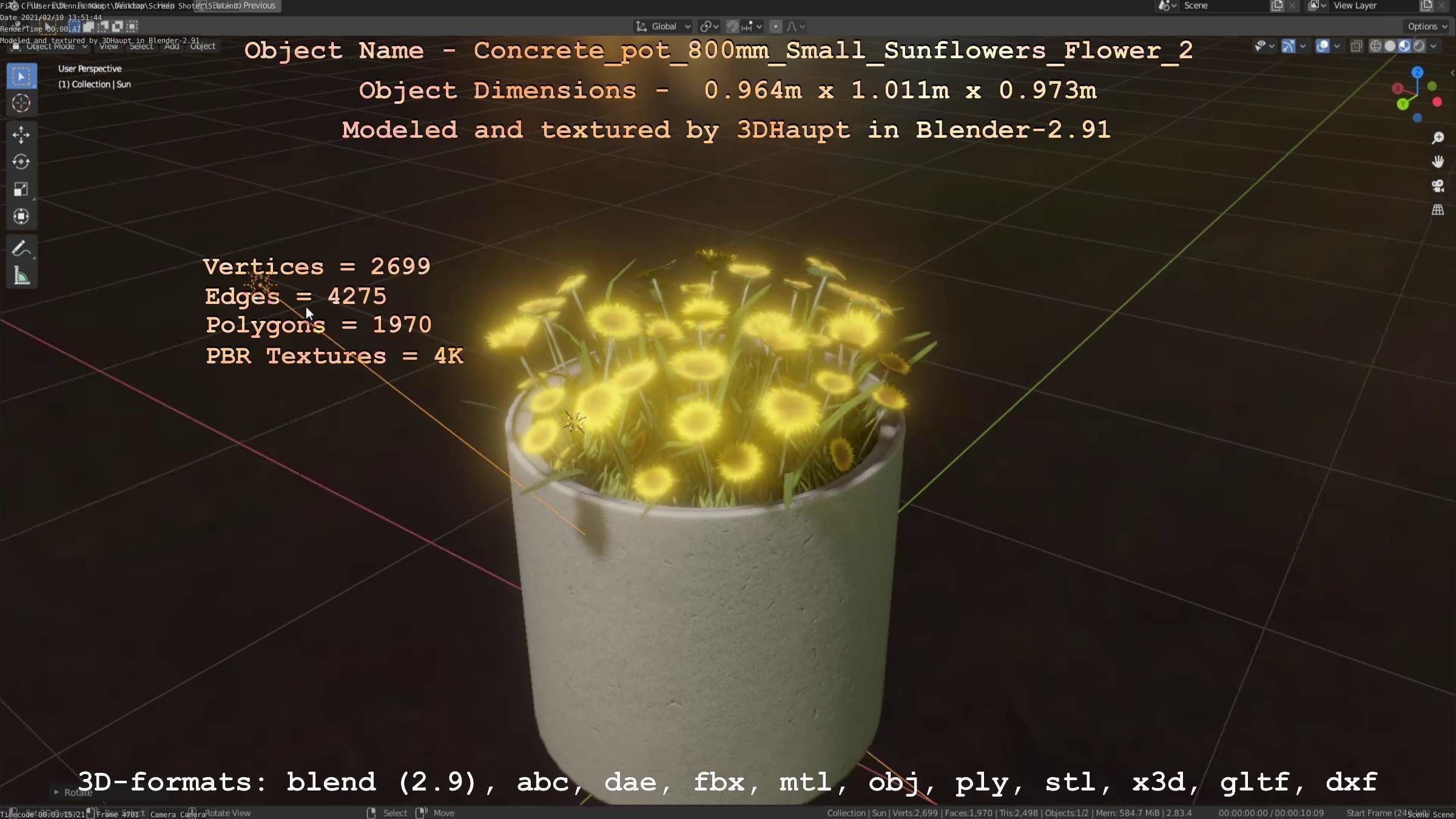 Concrete Pipe Pot 800mm with Small Sunflowers Version 2 Low-poly 3D model_11