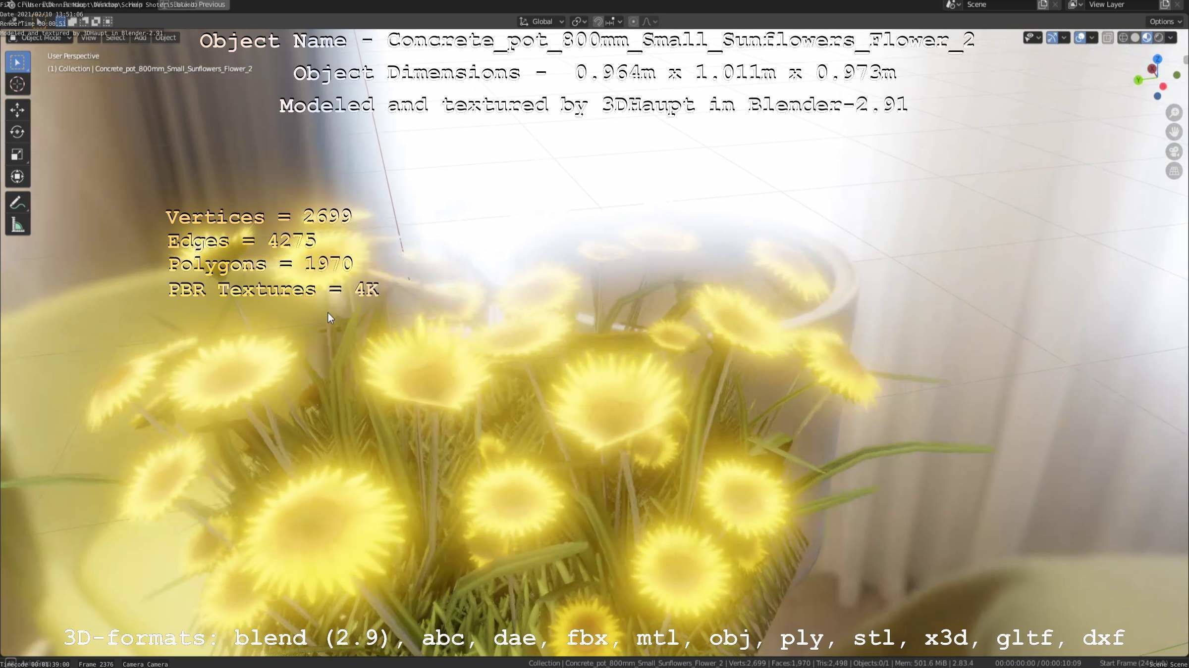 Concrete Pipe Pot 800mm with Small Sunflowers Version 2 Low-poly 3D model_5