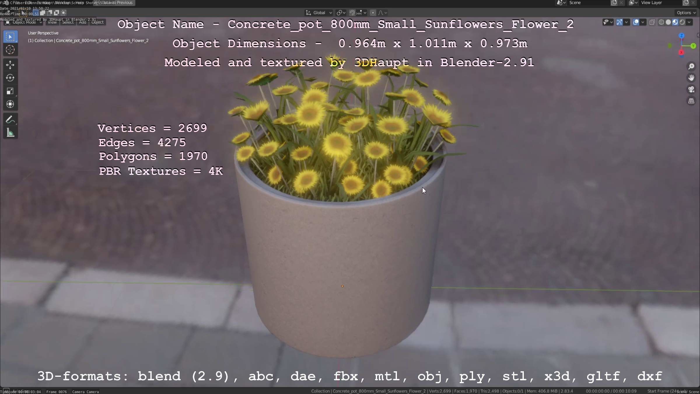 Concrete Pipe Pot 800mm with Small Sunflowers Version 2 Low-poly 3D model_98