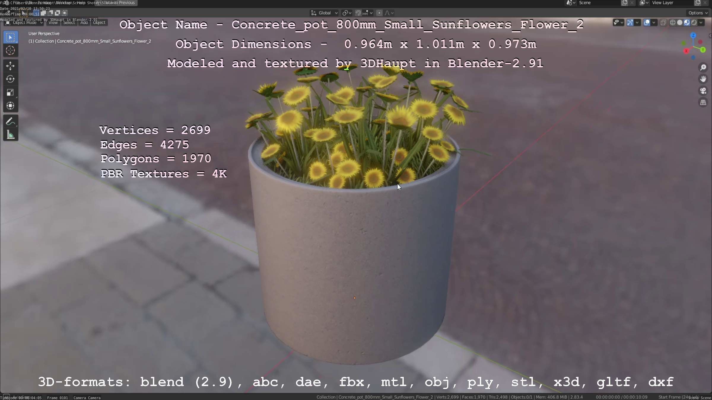 Concrete Pipe Pot 800mm with Small Sunflowers Version 2 Low-poly 3D model_94