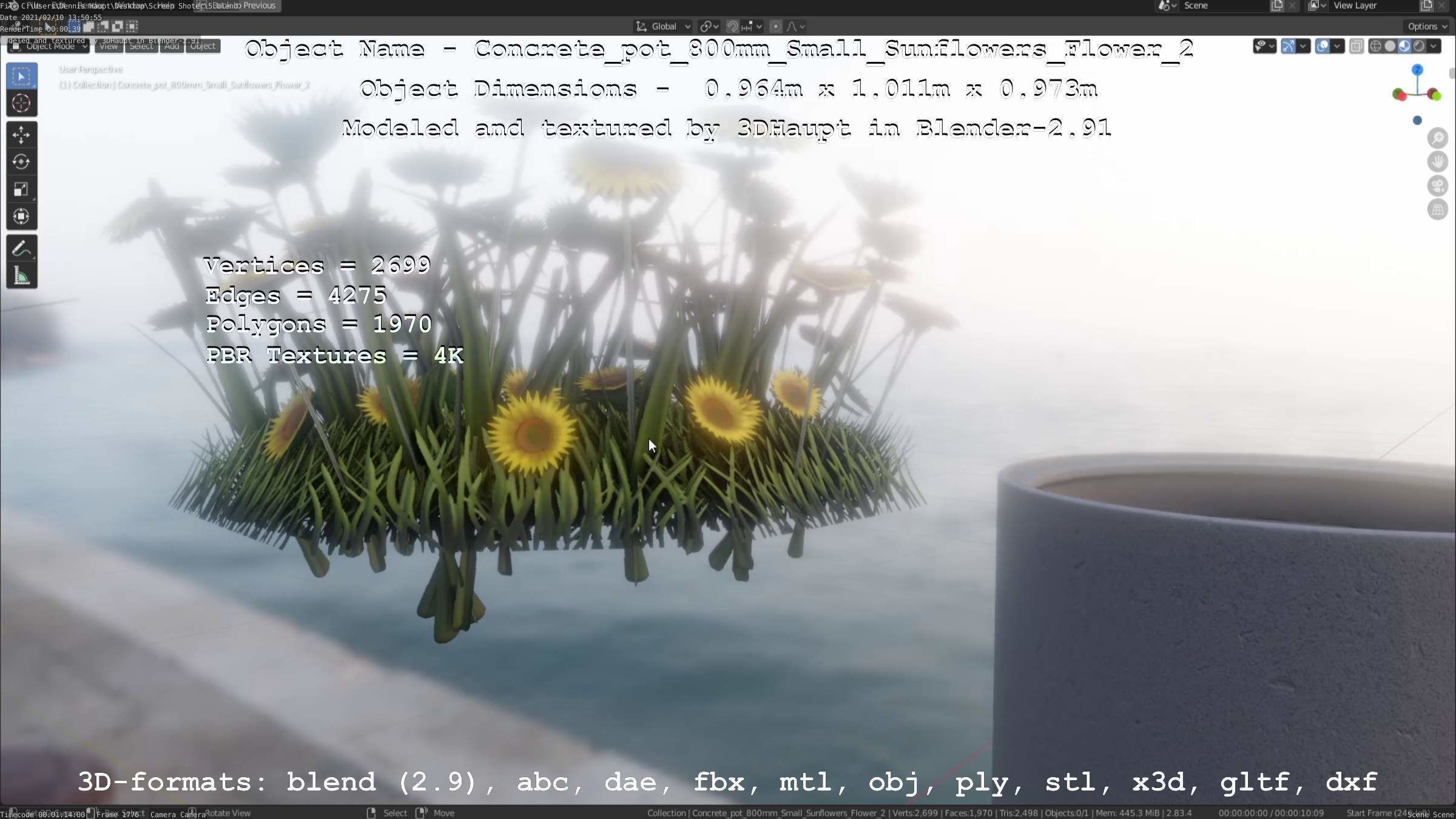 Concrete Pipe Pot 800mm with Small Sunflowers Version 2 Low-poly 3D model_29