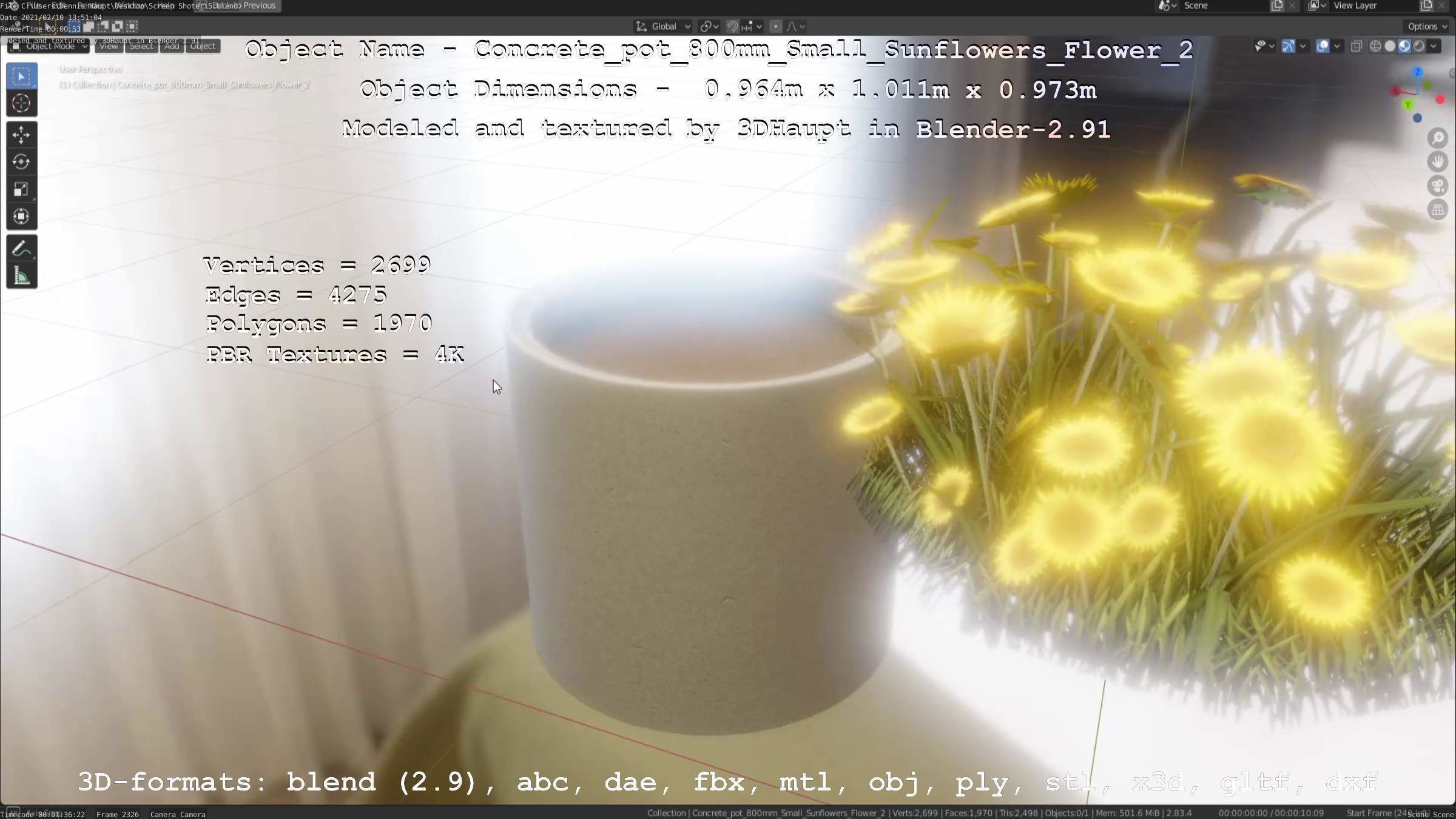 Concrete Pipe Pot 800mm with Small Sunflowers Version 2 Low-poly 3D model_31