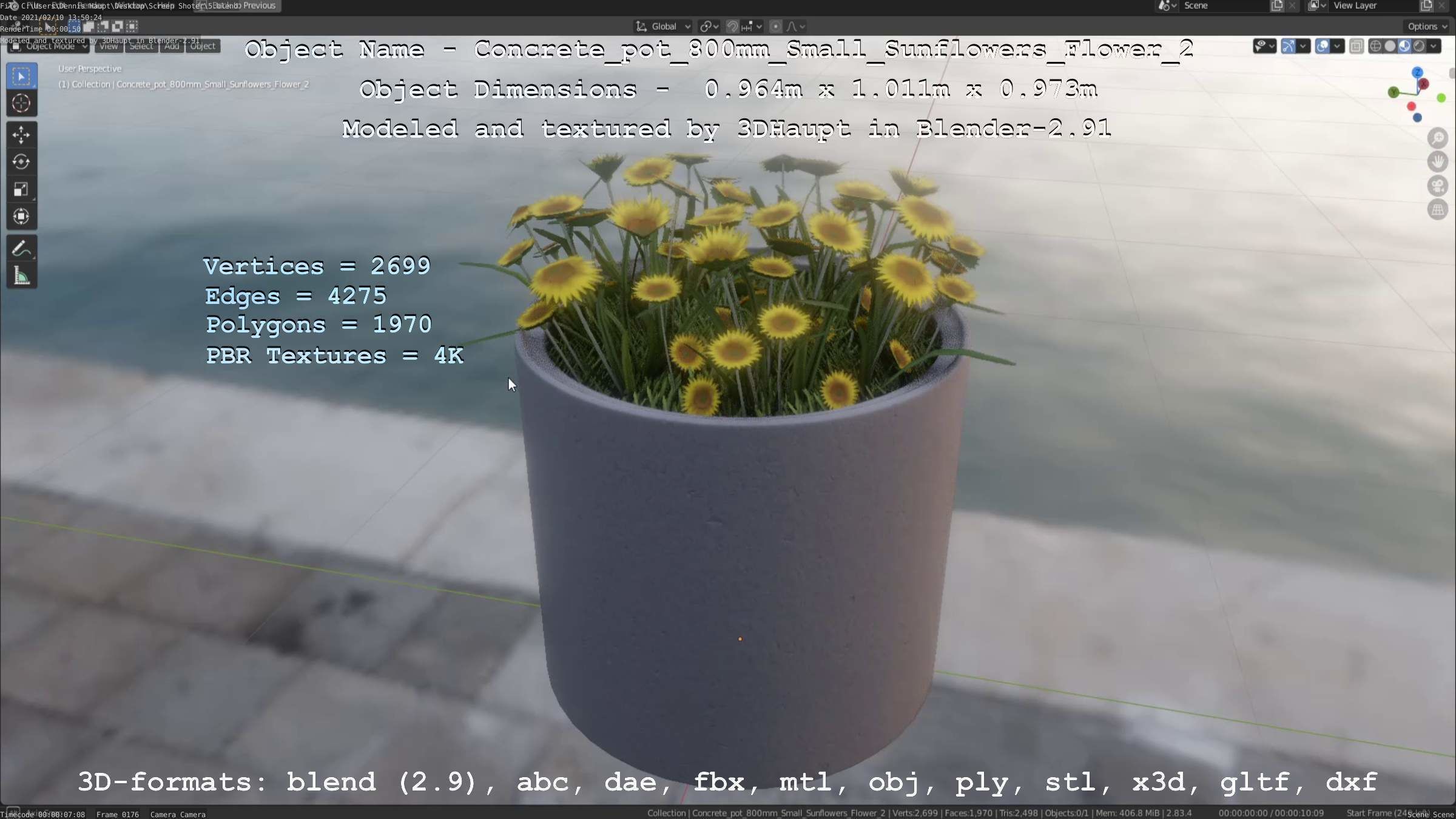 Concrete Pipe Pot 800mm with Small Sunflowers Version 2 Low-poly 3D model_15