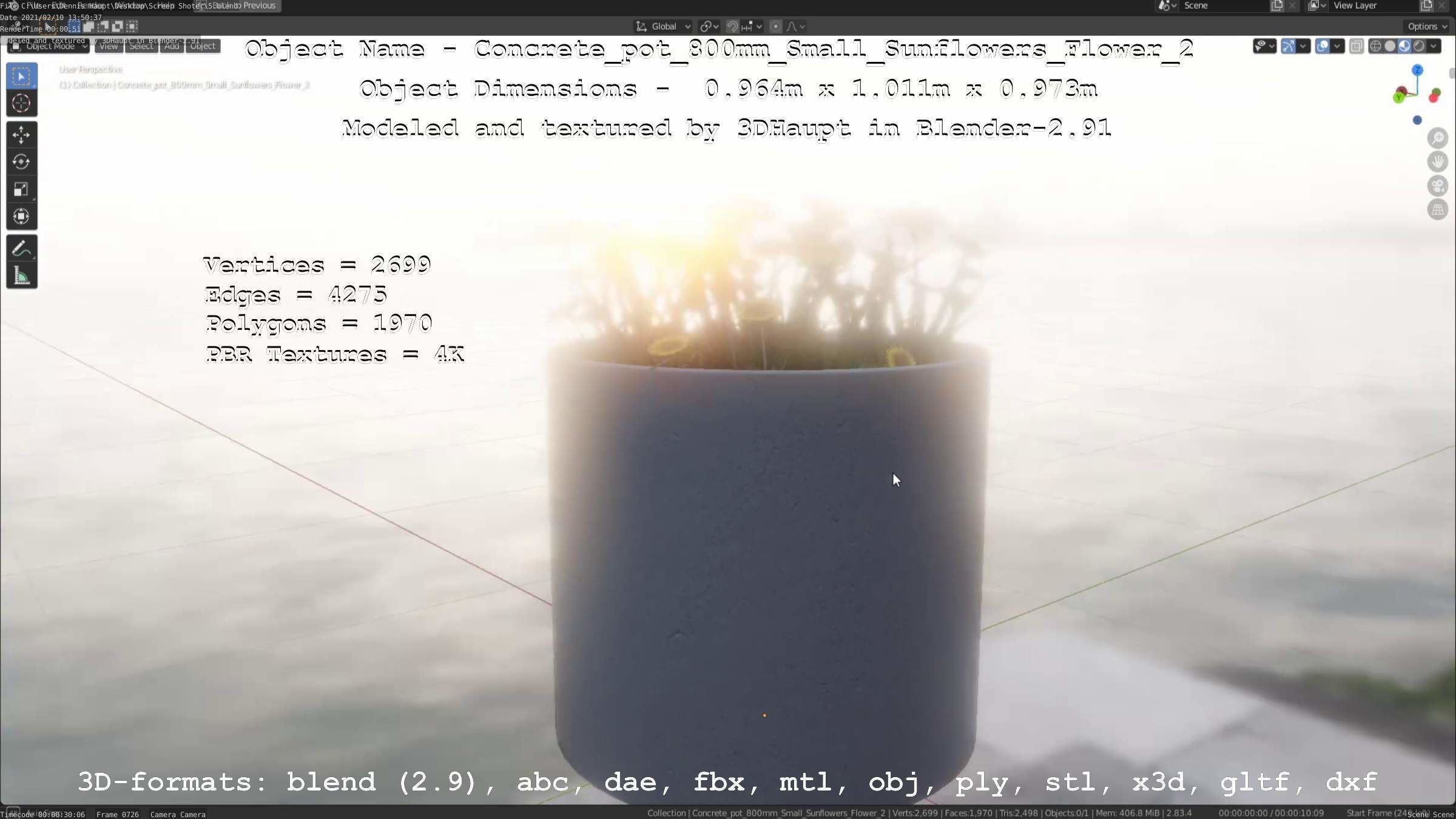 Concrete Pipe Pot 800mm with Small Sunflowers Version 2 Low-poly 3D model_23