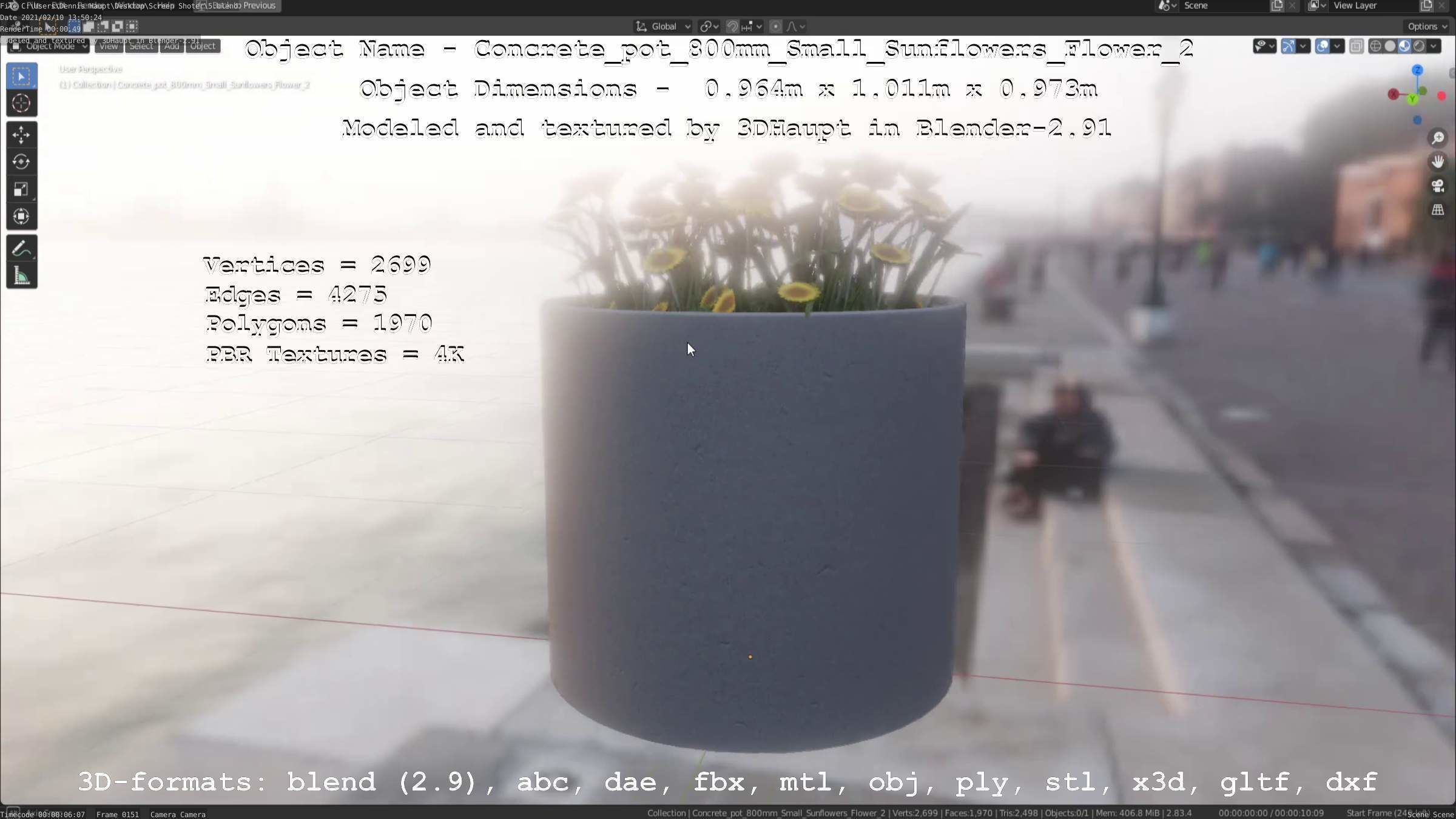 Concrete Pipe Pot 800mm with Small Sunflowers Version 2 Low-poly 3D model_13