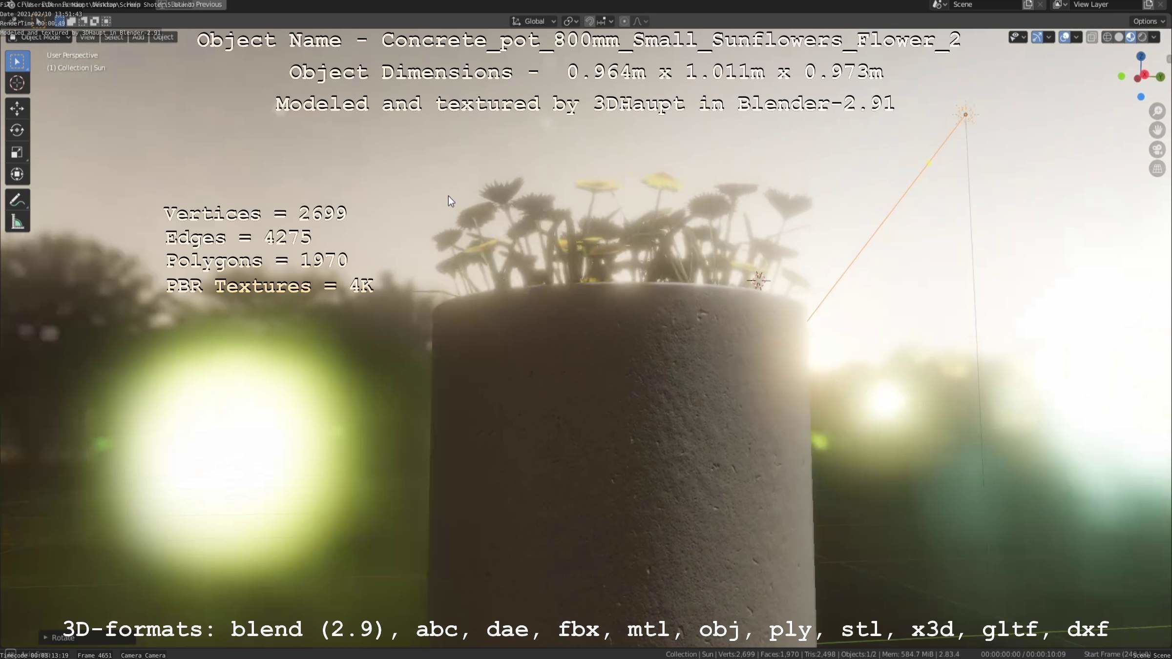 Concrete Pipe Pot 800mm with Small Sunflowers Version 2 Low-poly 3D model_10