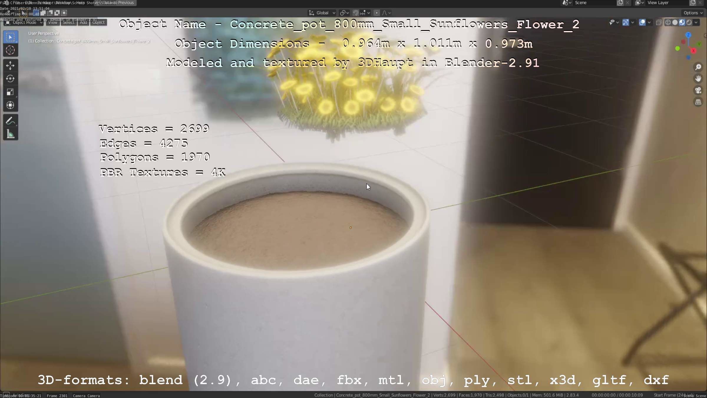 Concrete Pipe Pot 800mm with Small Sunflowers Version 2 Low-poly 3D model_58