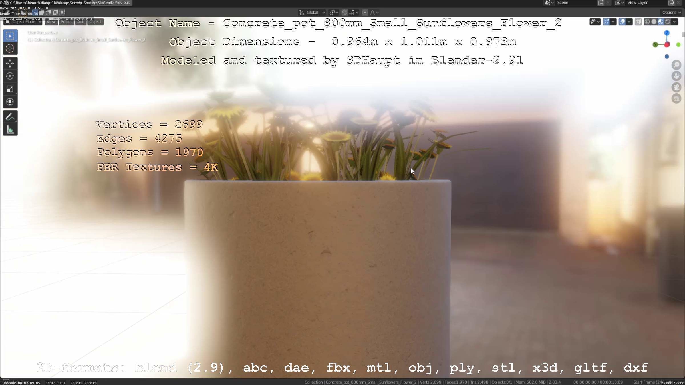 Concrete Pipe Pot 800mm with Small Sunflowers Version 2 Low-poly 3D model_91