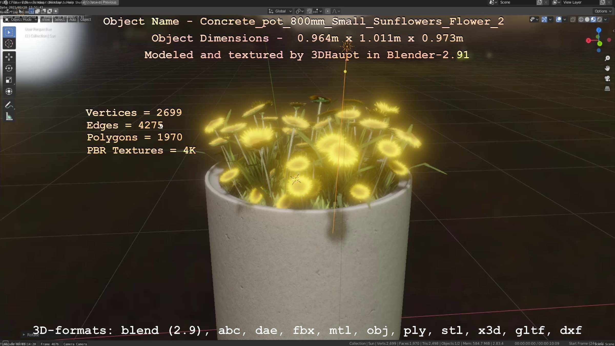 Concrete Pipe Pot 800mm with Small Sunflowers Version 2 Low-poly 3D model_87