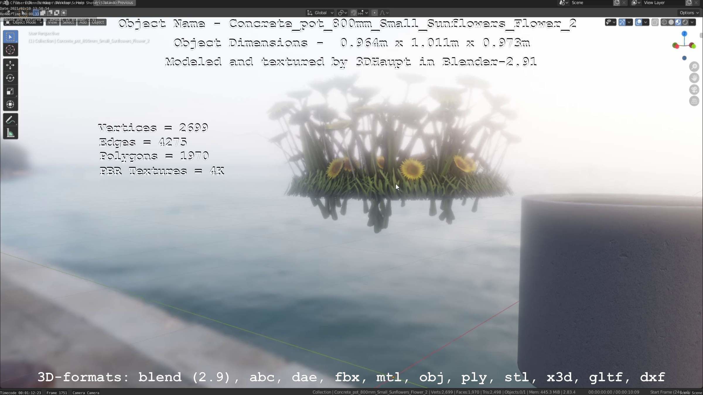 Concrete Pipe Pot 800mm with Small Sunflowers Version 2 Low-poly 3D model_44