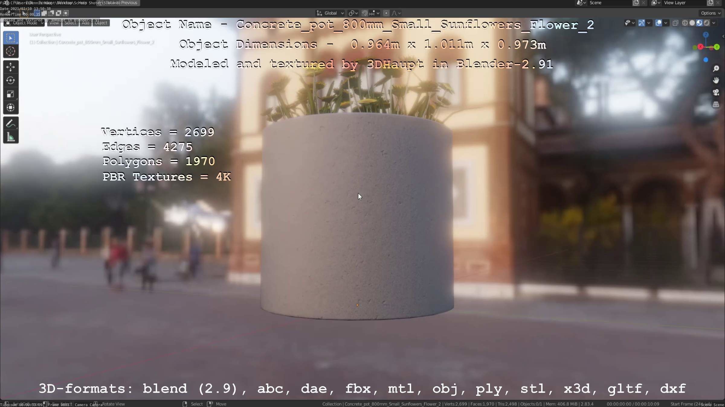 Concrete Pipe Pot 800mm with Small Sunflowers Version 2 Low-poly 3D model_107