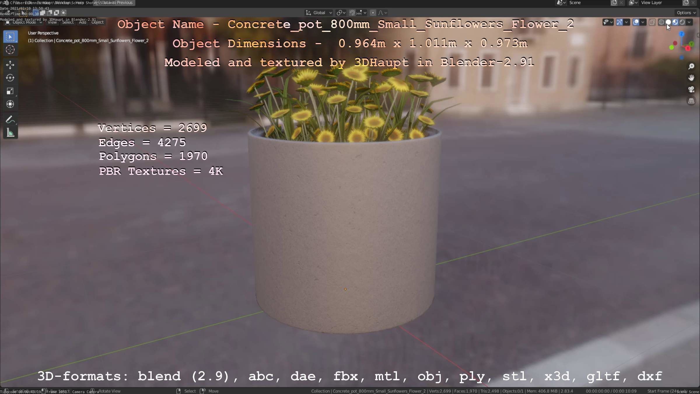 Concrete Pipe Pot 800mm with Small Sunflowers Version 2 Low-poly 3D model_32