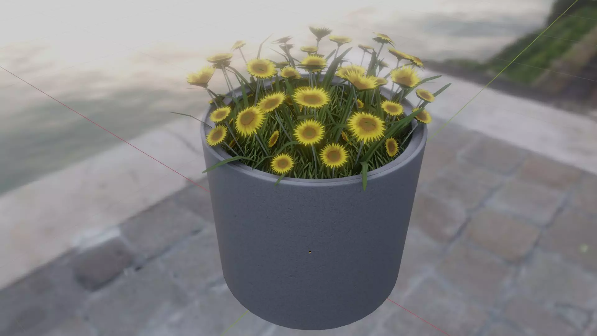 Concrete Pipe Pot 800mm with Small Sunflowers Version 2 Low-poly 3D model_0