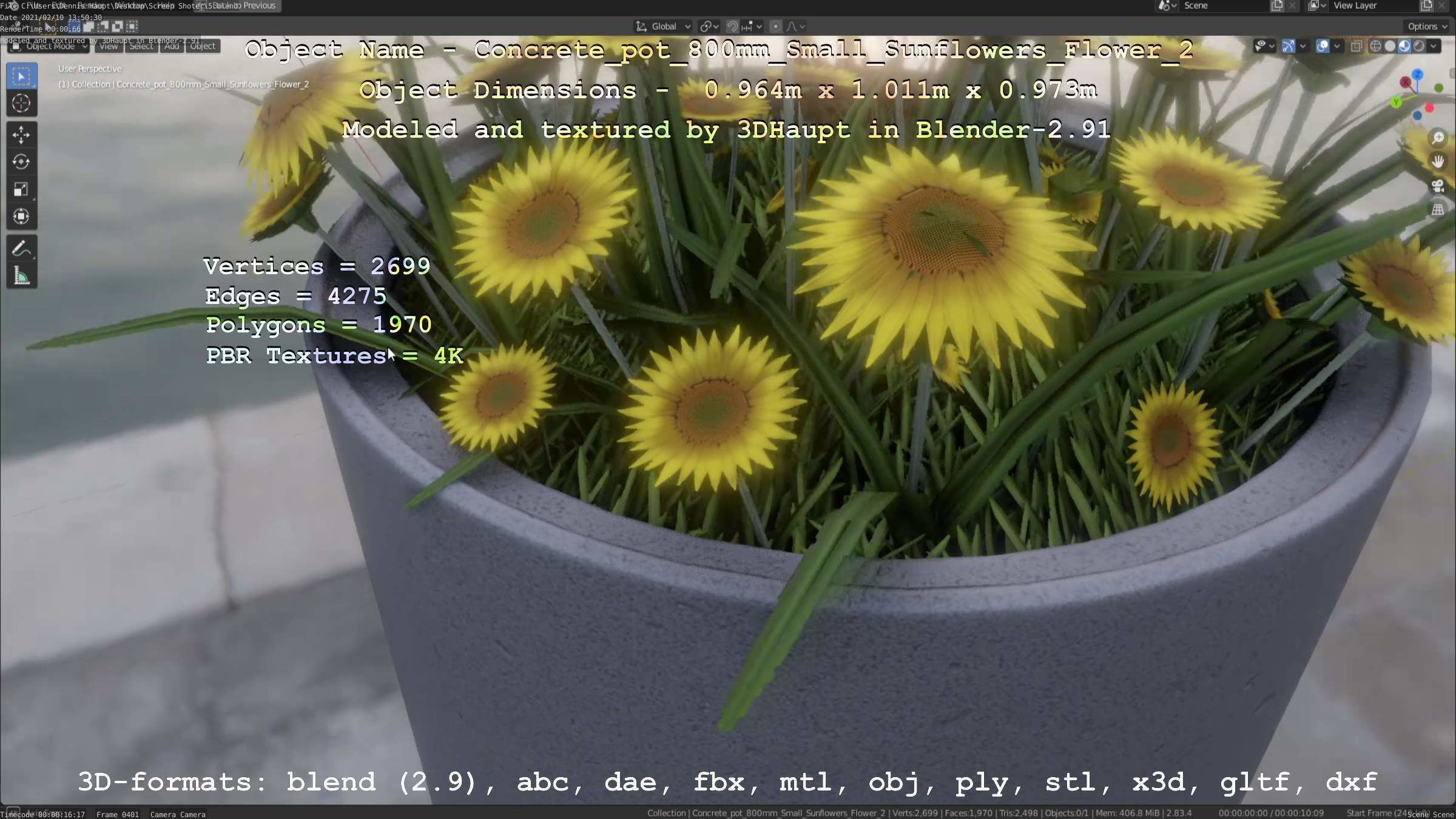 Concrete Pipe Pot 800mm with Small Sunflowers Version 2 Low-poly 3D model_18