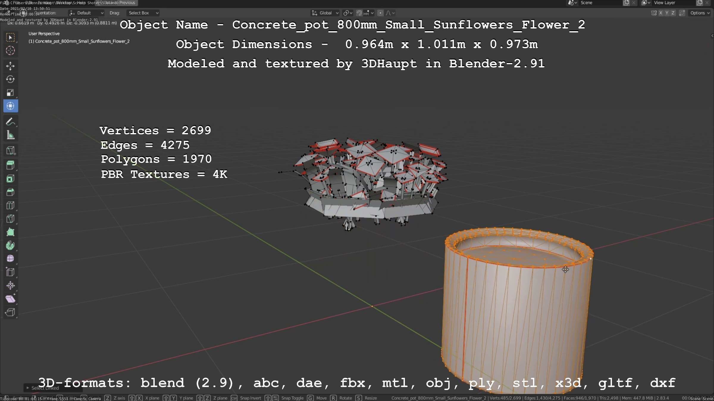Concrete Pipe Pot 800mm with Small Sunflowers Version 2 Low-poly 3D model_26