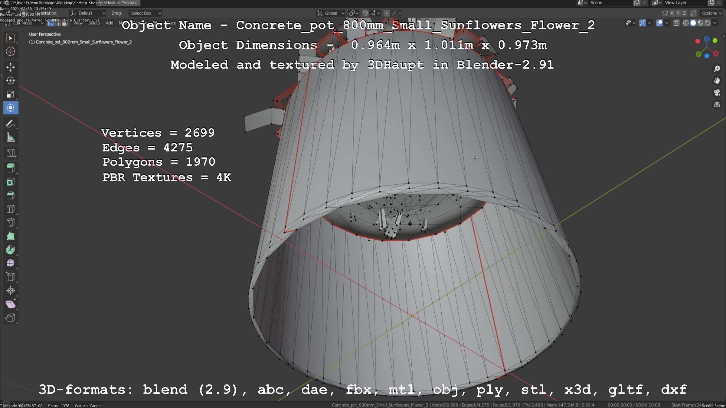 Concrete Pipe Pot 800mm with Small Sunflowers Version 2 Low-poly 3D model_48