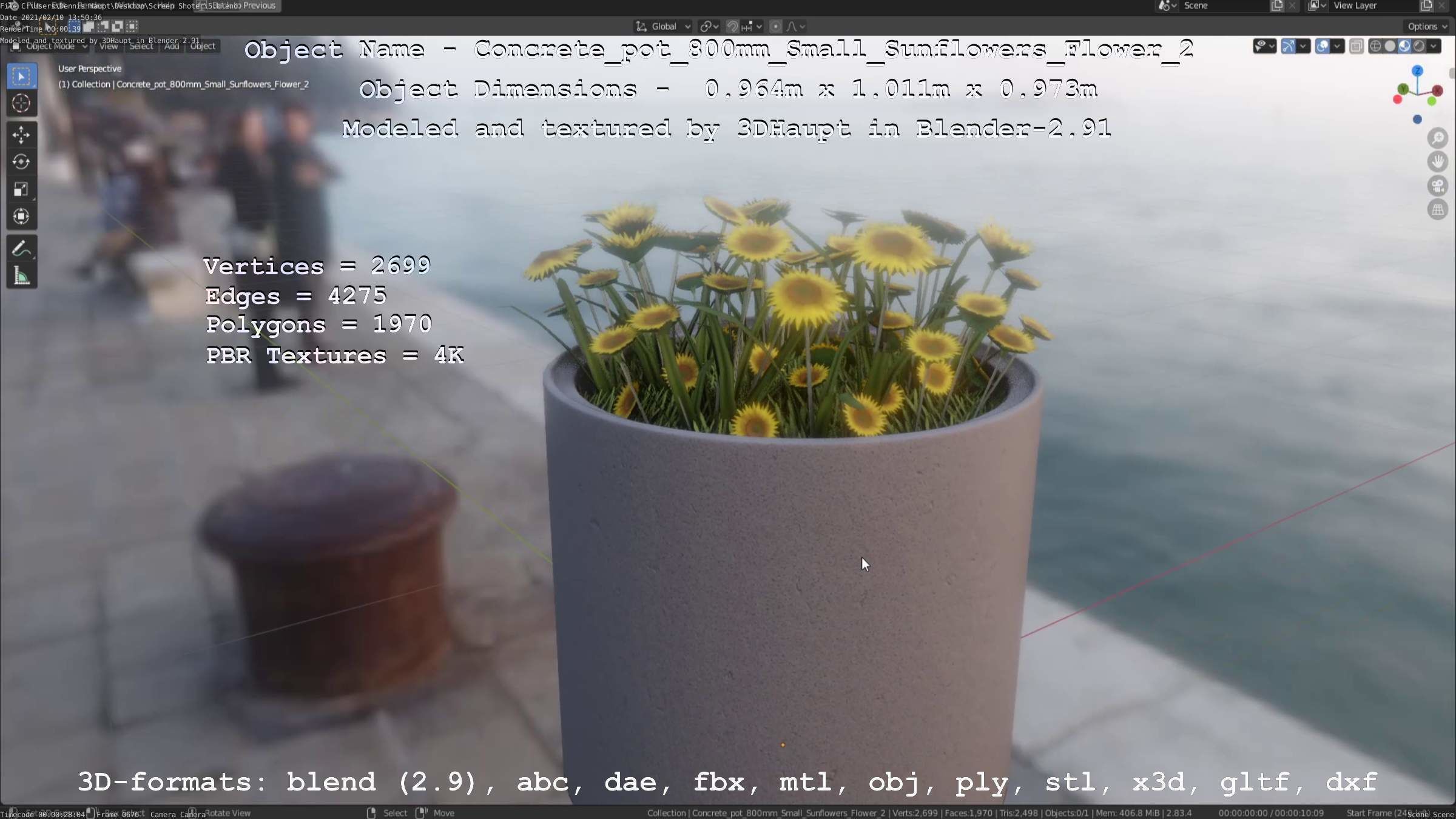 Concrete Pipe Pot 800mm with Small Sunflowers Version 2 Low-poly 3D model_73