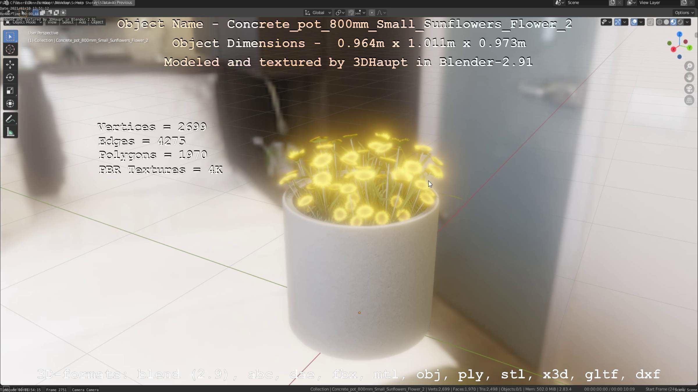 Concrete Pipe Pot 800mm with Small Sunflowers Version 2 Low-poly 3D model_105