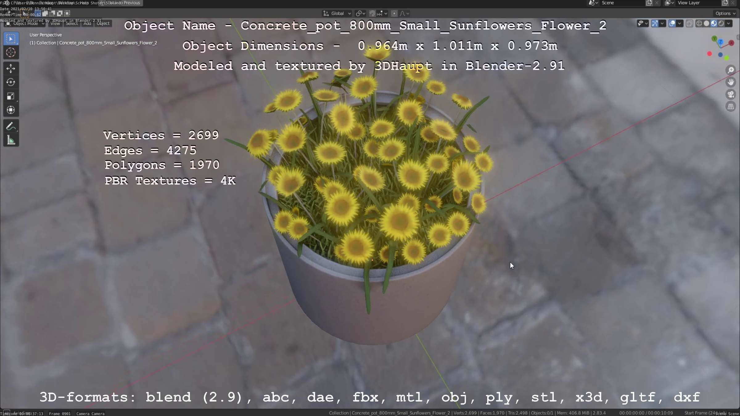 Concrete Pipe Pot 800mm with Small Sunflowers Version 2 Low-poly 3D model_35