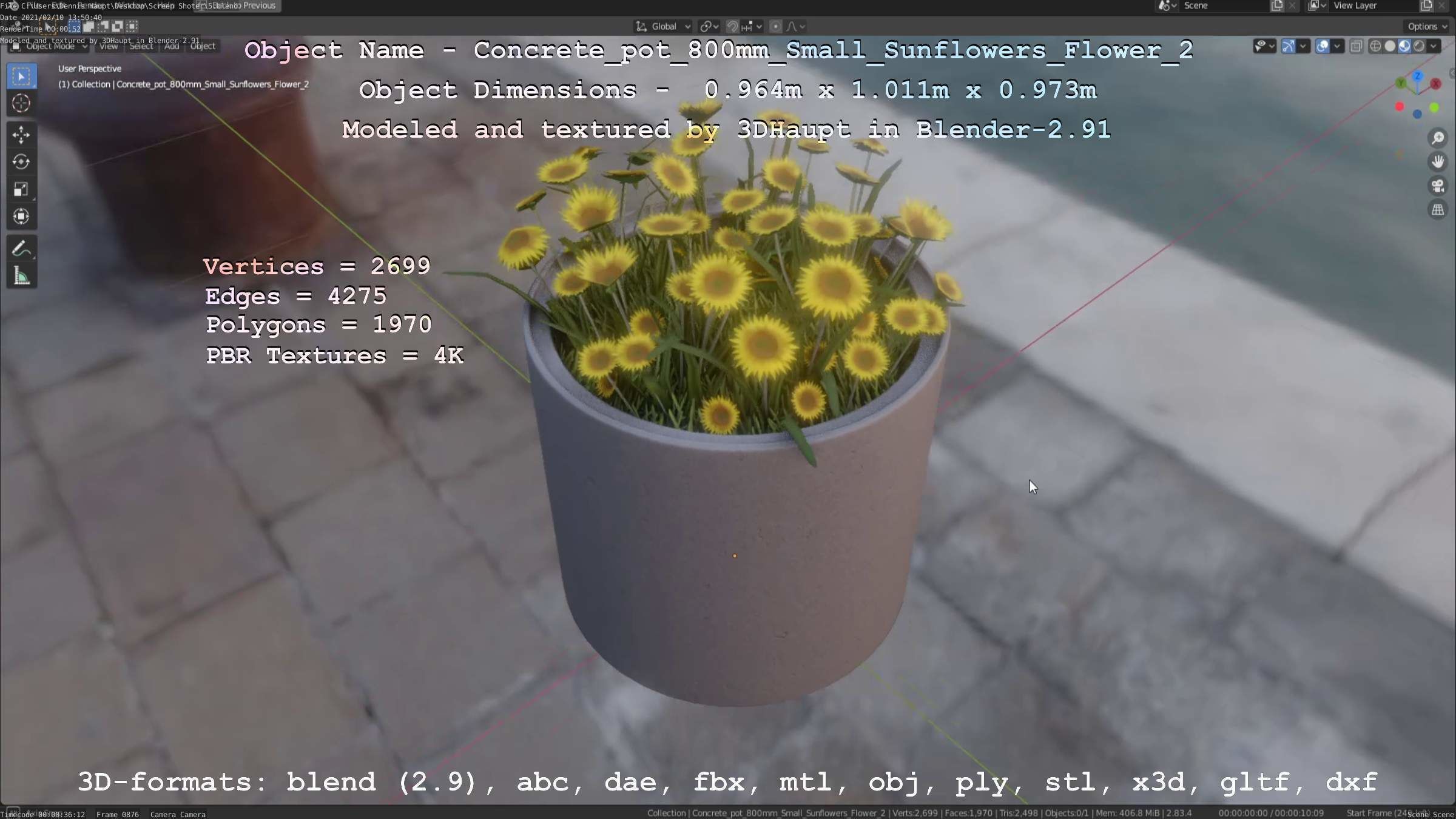 Concrete Pipe Pot 800mm with Small Sunflowers Version 2 Low-poly 3D model_25