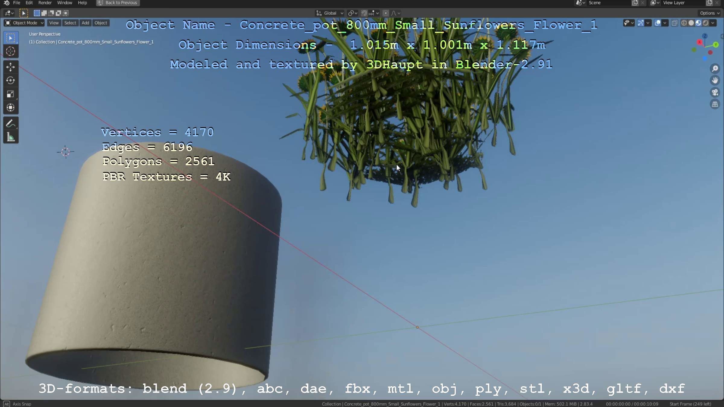 Concrete Pipe Pot 800mm Small with Sunflowers Version 1 Low-poly 3D model_63
