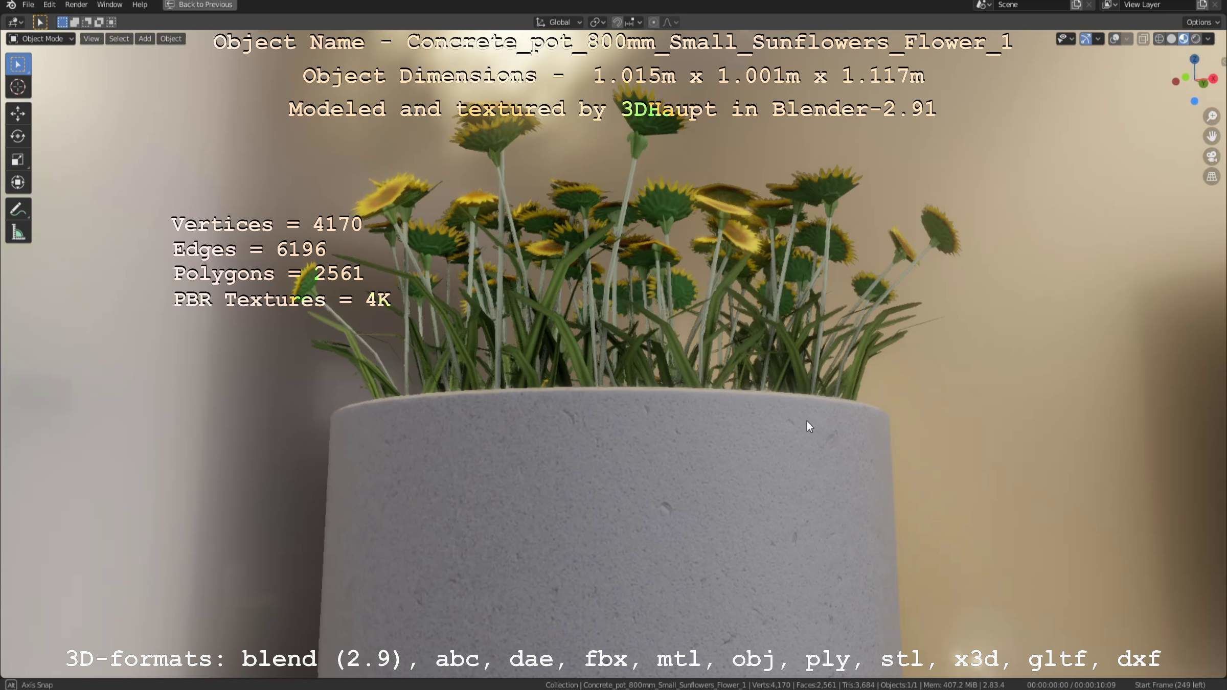 Concrete Pipe Pot 800mm Small with Sunflowers Version 1 Low-poly 3D model_89